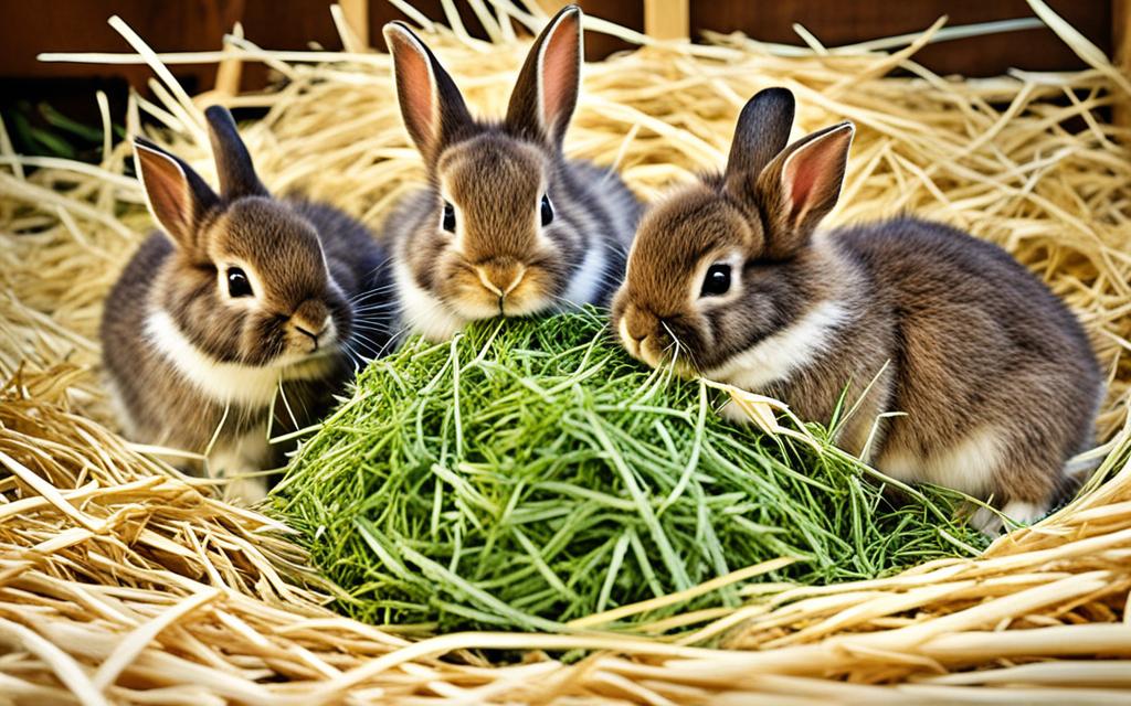 baby bunnies eating fresh hay